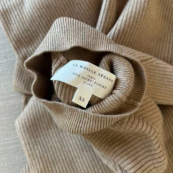 Sezane Hillary Midi Dress XSmall Camel Knit French Merino Wool Elegant Classic - Picture 10 of 13